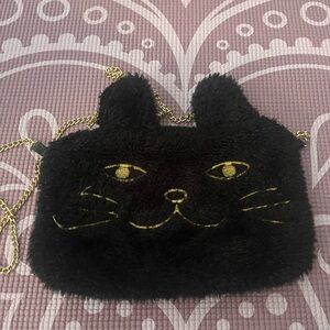 Black Cat Furry Crossbody Bag with Gold Chain